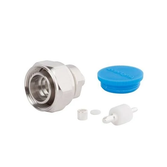 Disassembled 4.3-10 RF connector with metal body, contact components, insulator and blue protective cap Disassembled 4.3-10 RF connector with metal body, contact components, insulator and blue protective cap
