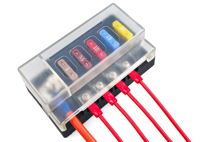 Transparent cover automotive fuse block with multiple blade fuses and red wires for protected accessory circuits. Transparent cover automotive fuse block with multiple blade fuses and red wires for protected accessory circuits.