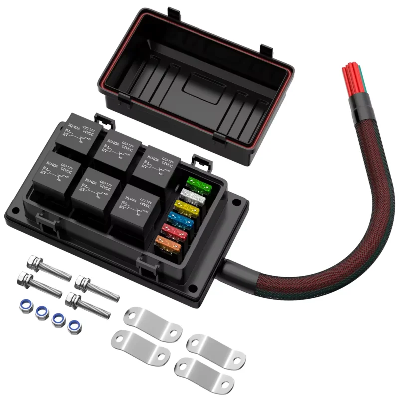 Automotive relay fuse box kit with blade fuses, relays, cover, harness, screws and mounting brackets. Automotive relay fuse box kit with blade fuses, relays, cover, harness, screws and mounting brackets.