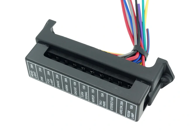 Automotive fuse box connector with labeled circuit positions and multi-color wire harness for vehicle electrical distribution. Automotive fuse box connector with labeled circuit positions and multi-color wire harness for vehicle electrical distribution.