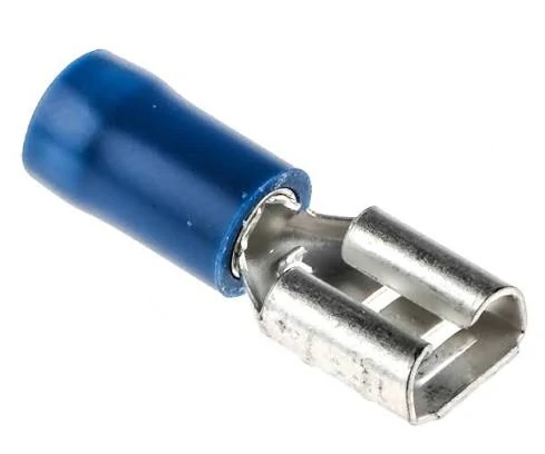 Blue insulated female spade terminal for wire crimping connection Blue insulated female spade terminal for wire crimping connection