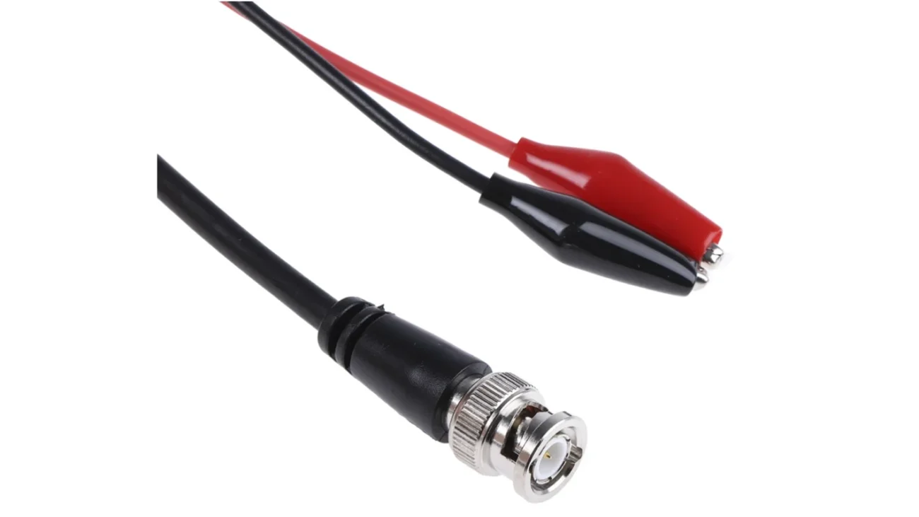 BNC coax cable assembly with red and black test clips for RF signal testing BNC coax cable assembly with red and black test clips for RF signal testing