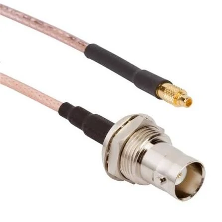 BNC female bulkhead to miniature snap-on RF coaxial cable assembly BNC female bulkhead to miniature snap-on RF coaxial cable assembly