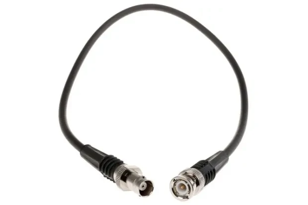 Coax cable assembly with SMA and BNC connectors showing cable strain relief design Coax cable assembly with SMA and BNC connectors showing cable strain relief design