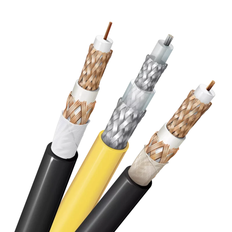 Coax cable types showing center conductor dielectric and braided shielding structure Coax cable types showing center conductor dielectric and braided shielding structure