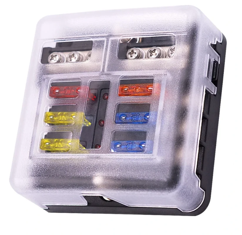 compact blade fuse block with transparent cover for 12V automotive accessory circuits compact blade fuse block with transparent cover for 12V automotive accessory circuits