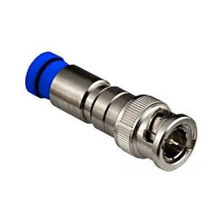 Metal compression BNC male coax connector with a blue rear cable sleeve Metal compression BNC male coax connector with a blue rear cable sleeve
