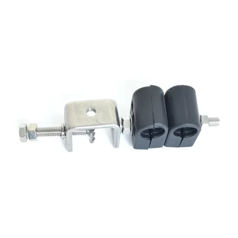 Dual hole coax cable clamp with metal bracket for RF cable mounting Dual hole coax cable clamp with metal bracket for RF cable mounting