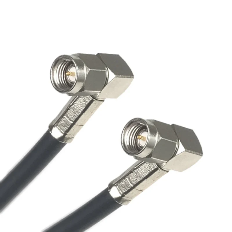 Two right angle SMA male cable connectors showing cable exit direction Two right angle SMA male cable connectors showing cable exit direction