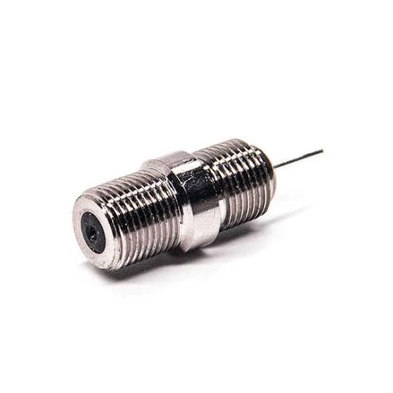 Straight F female panel-mount coax connector with external thread and rear solder pin Straight F female panel-mount coax connector with external thread and rear solder pin