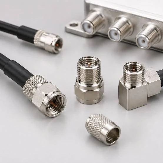 Straight and right-angle F type connectors, coax cable ends and equipment jacks Straight and right-angle F type connectors, coax cable ends and equipment jacks