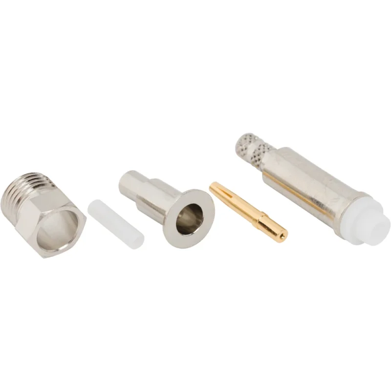 Exploded view of FME crimp connector body, dielectric, center contact, and ferrule Exploded view of FME crimp connector body, dielectric, center contact, and ferrule