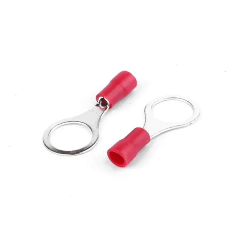 Red insulated ring terminal connector with copper barrel for electrical wire crimping Red insulated ring terminal connector with copper barrel for electrical wire crimping