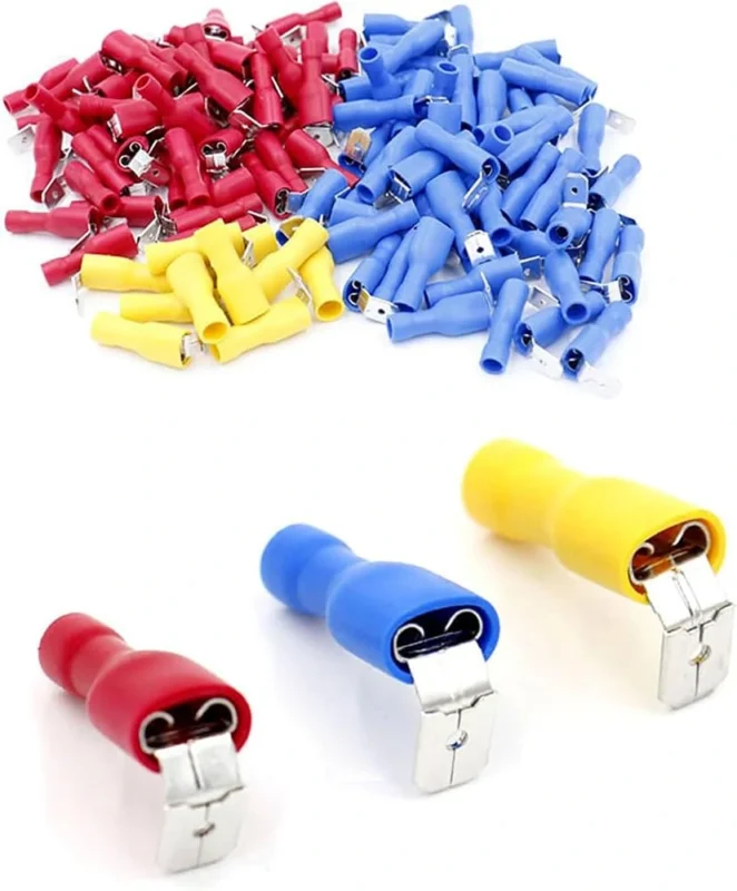 Red blue and yellow insulated spade connectors for different wire gauges Red blue and yellow insulated spade connectors for different wire gauges