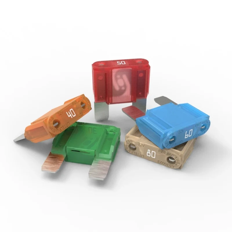 Group of MAXI automotive blade fuses in 40A, 50A, 60A and 80A ratings for high-current circuit protection Group of MAXI automotive blade fuses in 40A, 50A, 60A and 80A ratings for high-current circuit protection