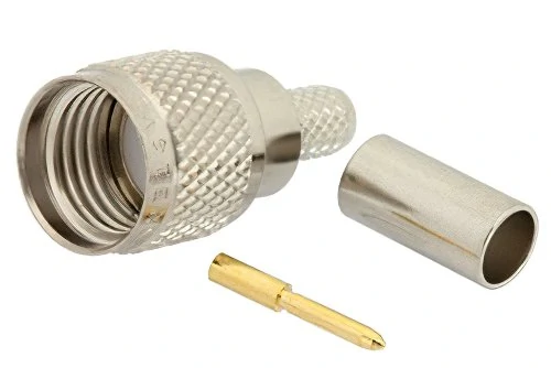 Disassembled Mini-UHF male crimp connector with center pin and ferrule Disassembled Mini-UHF male crimp connector with center pin and ferrule