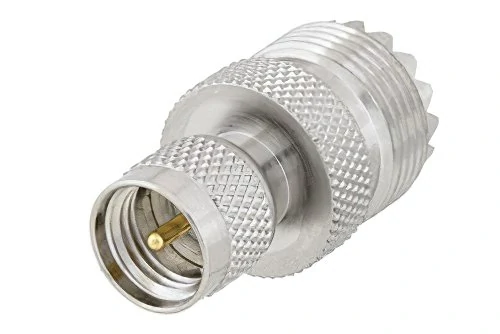 Mini-UHF male to UHF female coaxial adapter for RF equipment connections Mini-UHF male to UHF female coaxial adapter for RF equipment connections