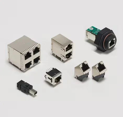 Different modular crimp connector components including RJ45 style connectors and panel mount interfaces Different modular crimp connector components including RJ45 style connectors and panel mount interfaces