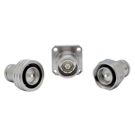 Three N-Type RF connector configurations including inline and flange-mount styles on a white background Three N-Type RF connector configurations including inline and flange-mount styles on a white background