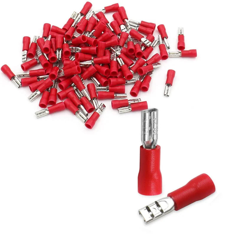 Red insulated spade crimp connectors for electrical wire connections Red insulated spade crimp connectors for electrical wire connections