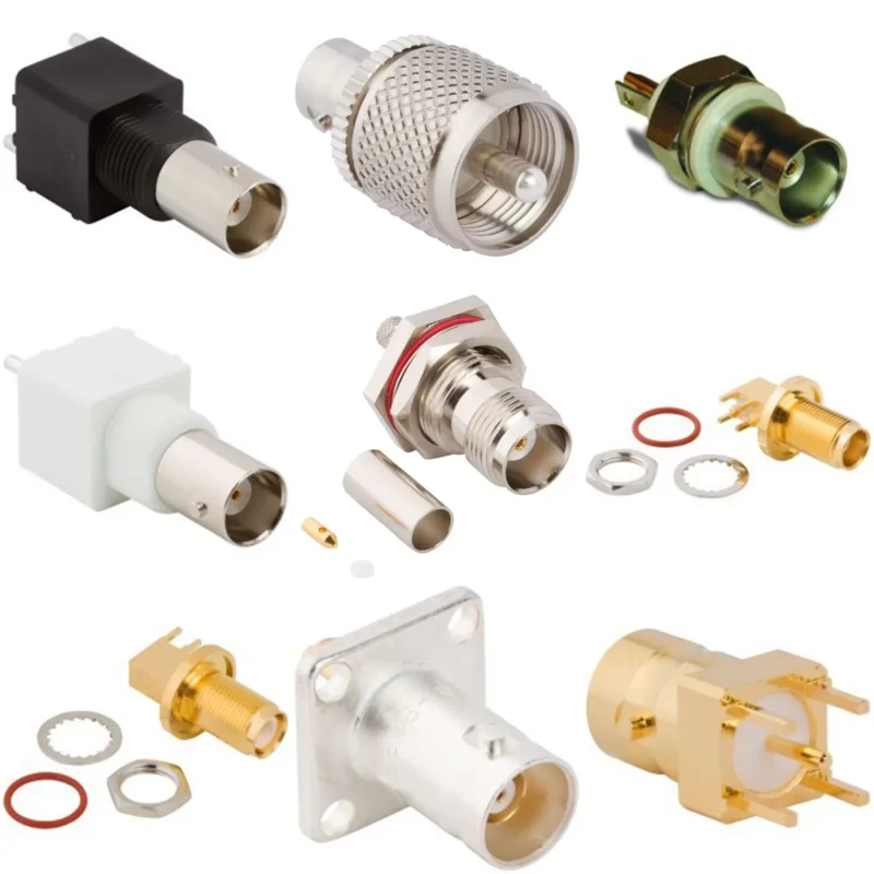 RF coaxial connector body styles including straight right-angle bulkhead and PCB mount designs RF coaxial connector body styles including straight right-angle bulkhead and PCB mount designs