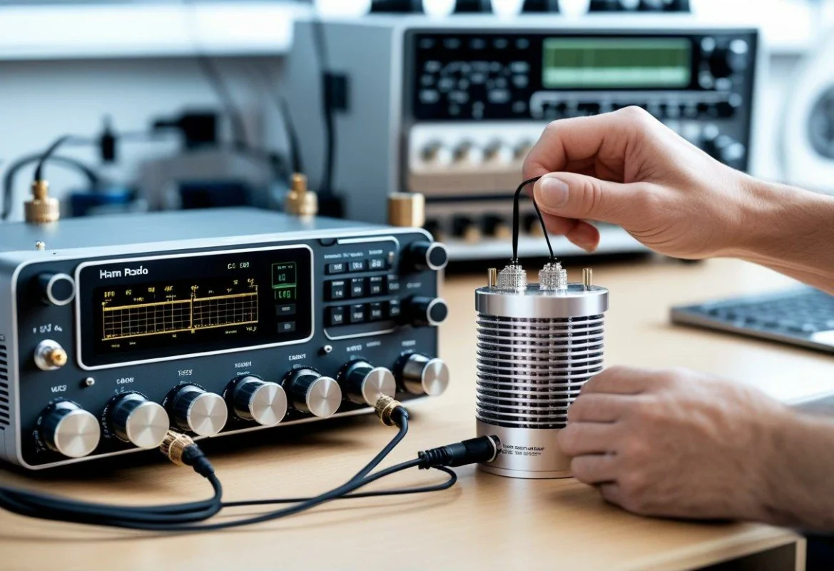 RF dummy load connected to radio test equipment for safe non-radiating transmitter testing RF dummy load connected to radio test equipment for safe non-radiating transmitter testing