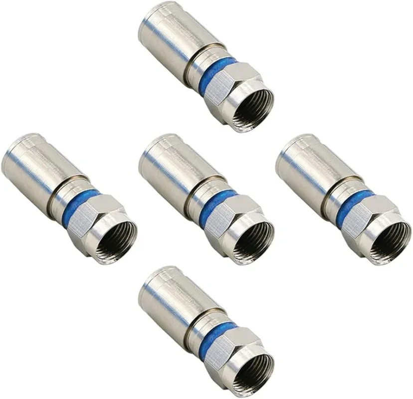 Five metal compression F connectors for terminating RG6 75-ohm coaxial cable Five metal compression F connectors for terminating RG6 75-ohm coaxial cable