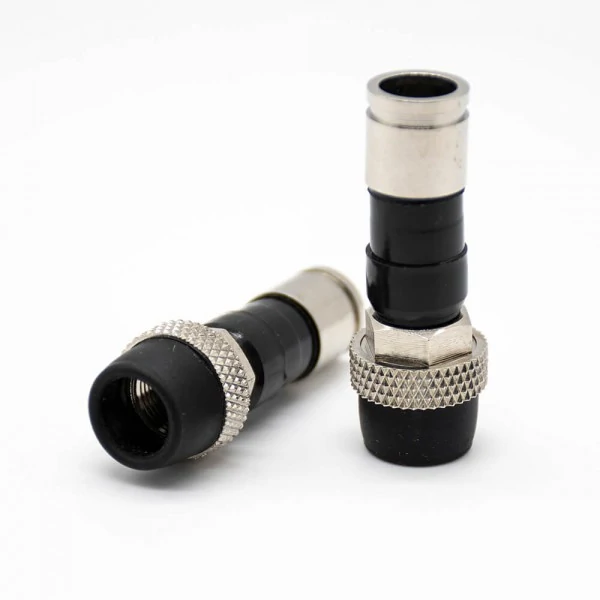 RG6 F-type male coax connectors with compression bodies and cable strain-relief sleeves RG6 F-type male coax connectors with compression bodies and cable strain-relief sleeves