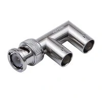 Right-angle BNC T adapter with one male port and two female coaxial connection ports Right-angle BNC T adapter with one male port and two female coaxial connection ports