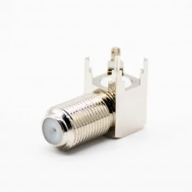 Right-angle F female coax connector for PCB mounting in television and RF equipment Right-angle F female coax connector for PCB mounting in television and RF equipment