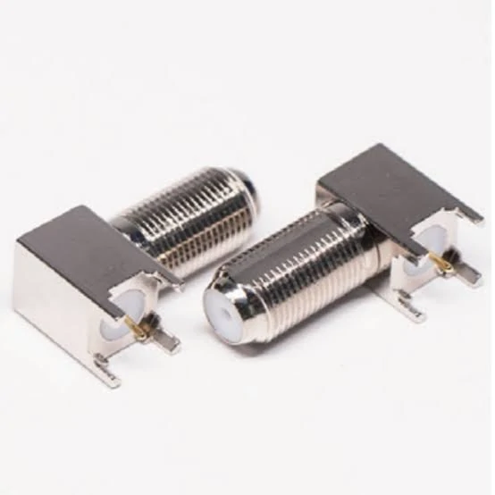 Two right-angle F female PCB mount connectors with threaded 75-ohm interfaces Two right-angle F female PCB mount connectors with threaded 75-ohm interfaces