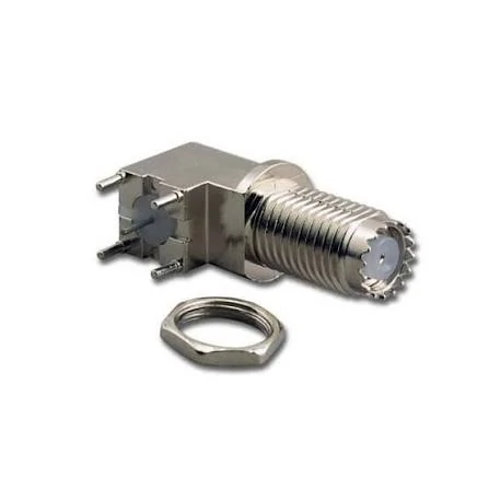 Right-angle Mini-UHF female PCB mount connector with panel nut Right-angle Mini-UHF female PCB mount connector with panel nut