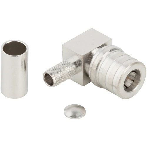 Right angle QMA crimp connector with ferrule for coaxial cable termination Right angle QMA crimp connector with ferrule for coaxial cable termination