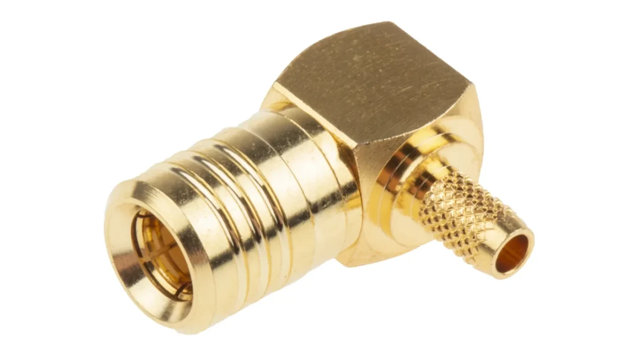 Gold-plated right angle SMB connector for coaxial cable termination Gold-plated right angle SMB connector for coaxial cable termination