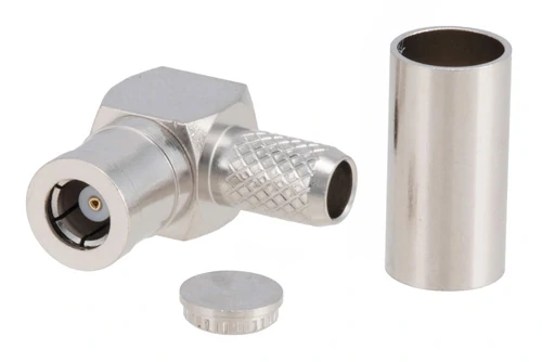 Right-angle SMB crimp cable connector with ferrule and rear cap Right-angle SMB crimp cable connector with ferrule and rear cap