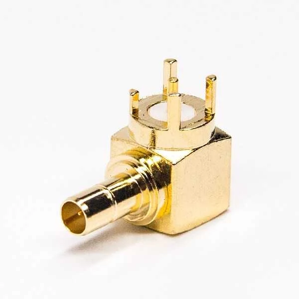 Gold-plated right-angle SMB PCB mount connector with through-hole terminals Gold-plated right-angle SMB PCB mount connector with through-hole terminals