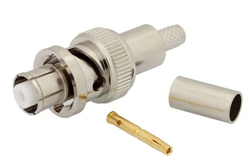 Disassembled SHV cable connector with coaxial contact and crimp ferrule Disassembled SHV cable connector with coaxial contact and crimp ferrule