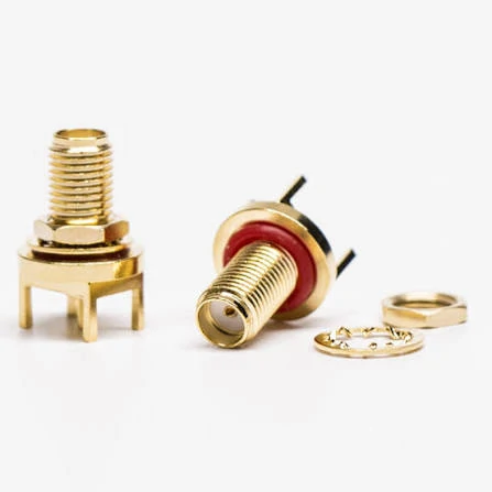 Gold-plated SMA female PCB-mount and bulkhead connectors with mounting hardware Gold-plated SMA female PCB-mount and bulkhead connectors with mounting hardware