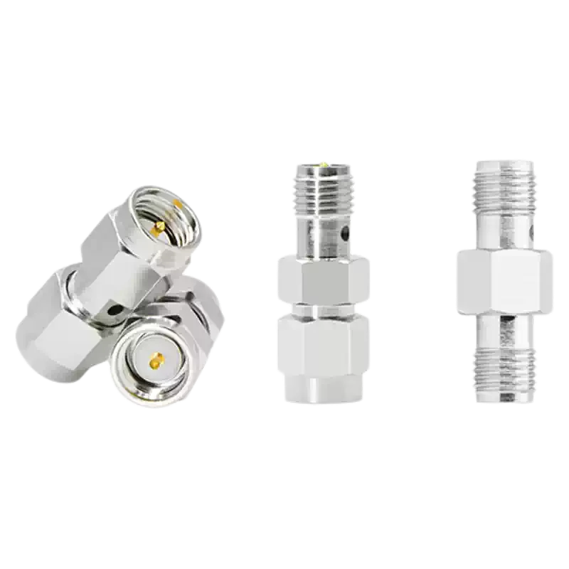 Set of silver SMA male-to-male, female-to-female, and male-to-female gender adapters Set of silver SMA male-to-male, female-to-female, and male-to-female gender adapters