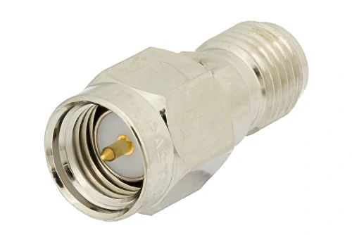 SMA male to female inline RF adapter with threaded coaxial interfaces SMA male to female inline RF adapter with threaded coaxial interfaces