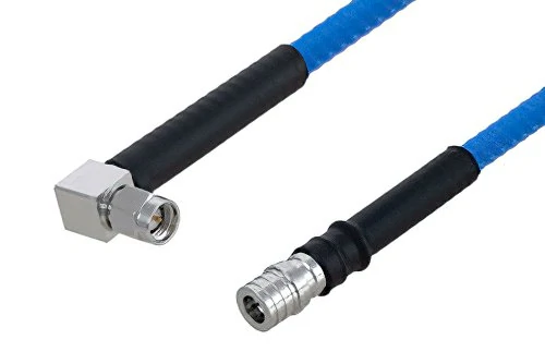 SMA right angle cable assembly with flexible blue coax and straight RF connector SMA right angle cable assembly with flexible blue coax and straight RF connector