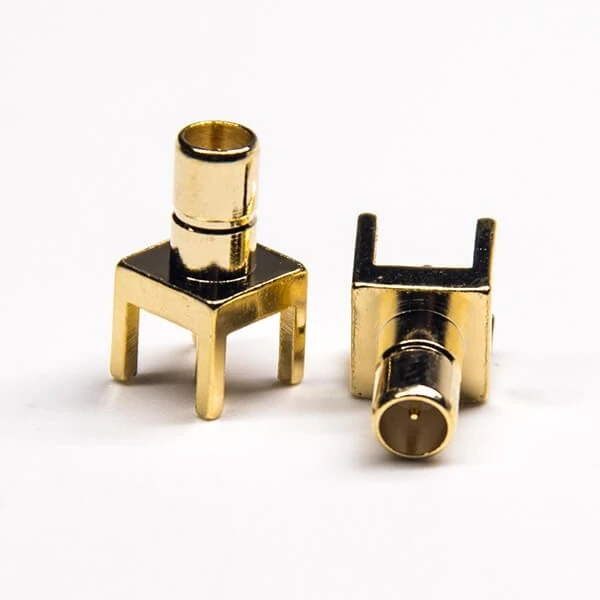 Gold-plated SMB PCB mount connectors with four through-hole mounting legs Gold-plated SMB PCB mount connectors with four through-hole mounting legs