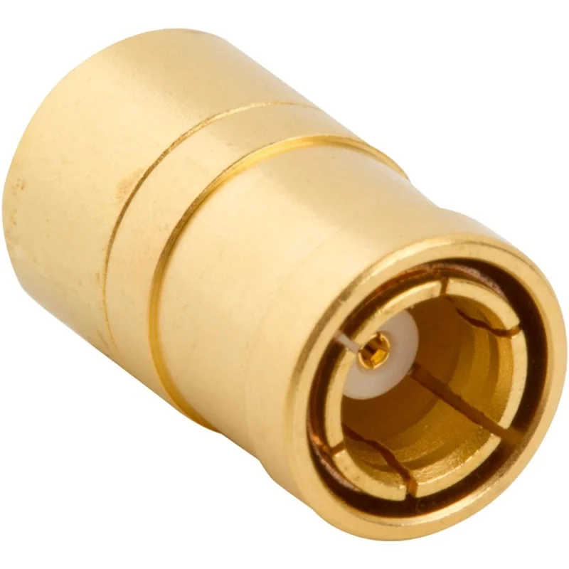 Close-up of a gold-plated SMB snap-on connector interface with center socket Close-up of a gold-plated SMB snap-on connector interface with center socket