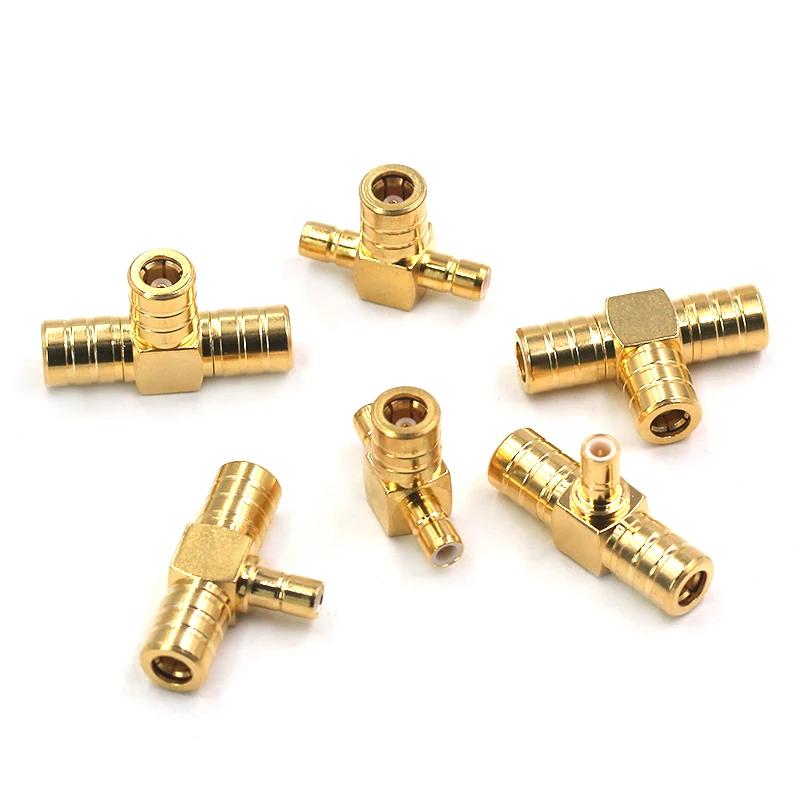 Gold-plated SMB T-shaped RF adapters in multiple connector configurations Gold-plated SMB T-shaped RF adapters in multiple connector configurations