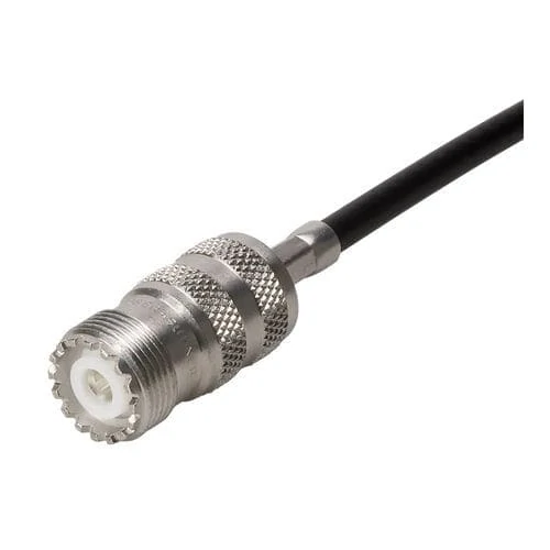 SO-239 UHF female connector installed on a black coaxial cable assembly SO-239 UHF female connector installed on a black coaxial cable assembly