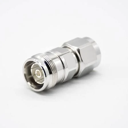 Straight 4.3-10 to N RF adapter with threaded interfaces and a hexagonal body on a white background Straight 4.3-10 to N RF adapter with threaded interfaces and a hexagonal body on a white background