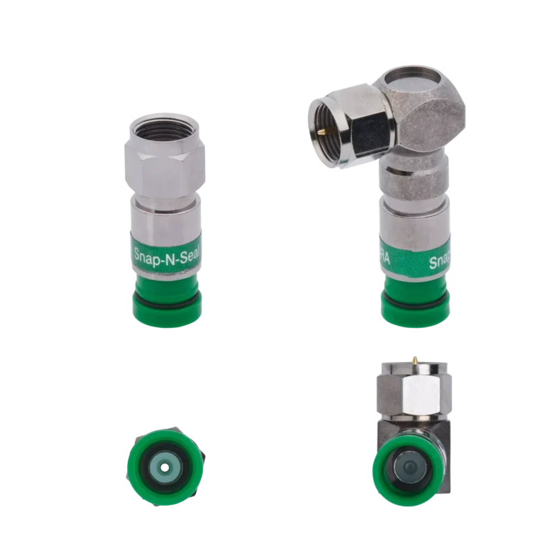 Straight and right-angle compression F connectors for RG6 coaxial cable termination Straight and right-angle compression F connectors for RG6 coaxial cable termination
