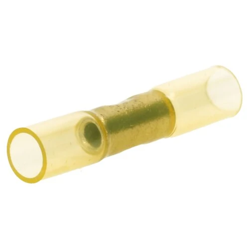 Yellow heat shrink butt connector for large gauge wire splicing Yellow heat shrink butt connector for large gauge wire splicing