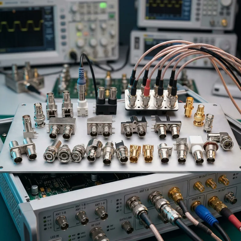 BNC connector and coaxial cable assemblies connected to RF test equipment for signal measurement applications BNC connector and coaxial cable assemblies connected to RF test equipment for signal measurement applications