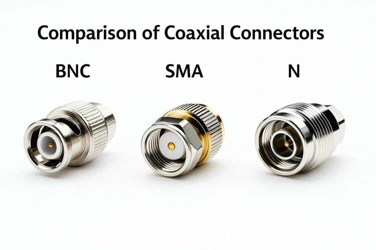 N Type adapter comparison with SMA and BNC coaxial RF connectors N Type adapter comparison with SMA and BNC coaxial RF connectors